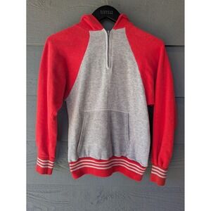 VTG Hoodie Kids Gray Red Colorblock 1/4 Zip Fleece Pullover Kangaroo Pocket 70s